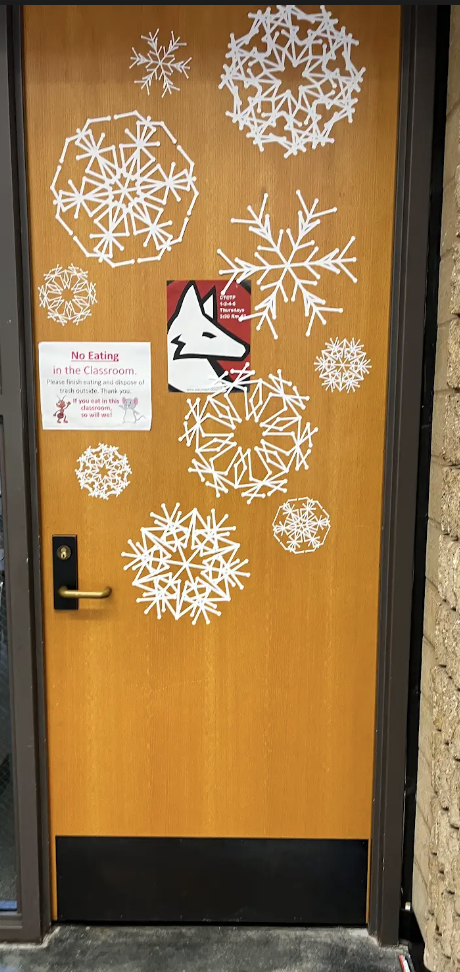 Math teacher Abby Brown's door is decorated with 3D printed snowflakes. Printed with Mathematica, they are only 0.5 mm thick.